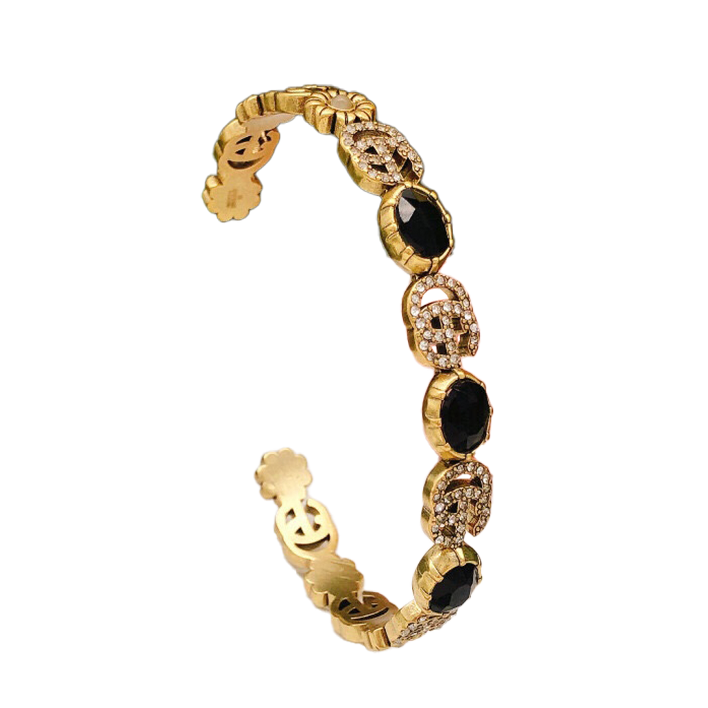 18K Double G Flowers Black Crystals Open Cuff Bracelet