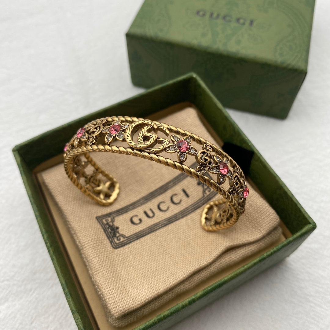 18K Double G Red Crystal Flower Cuff Bracelet